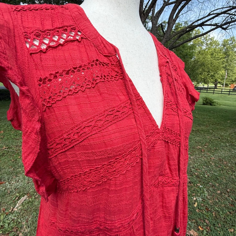 Knox Rose Womens Red Crochet Lace Tiered Boho Mini Dress Flutter Sleeve Medium - Picture 6 of 9